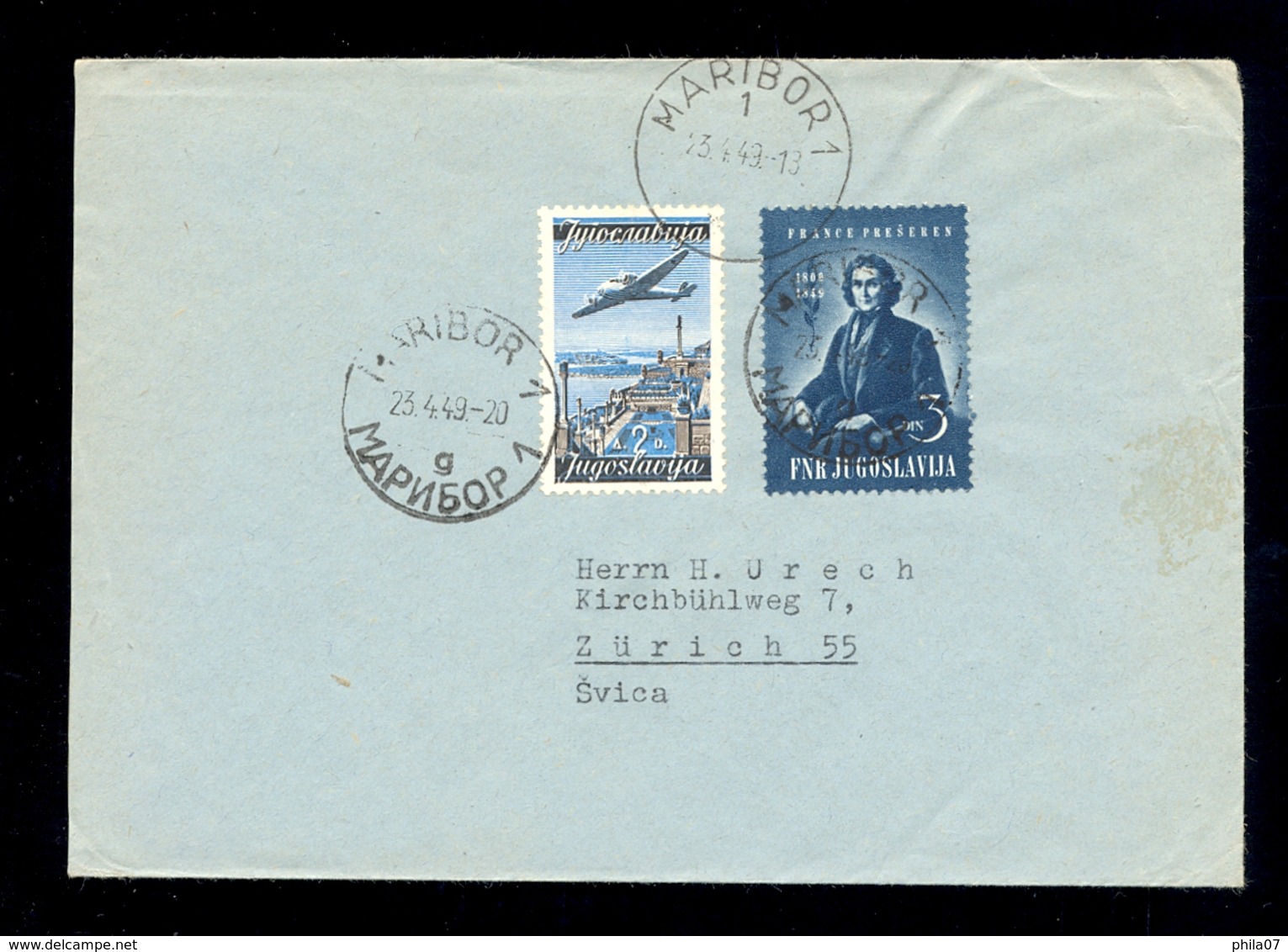Slovenia, Yugoslavia - Letter With Apposite Stamp Of F. Presern And Airplane Stamp, Sent 23.04.1949., To Switzerland. - Slovenia