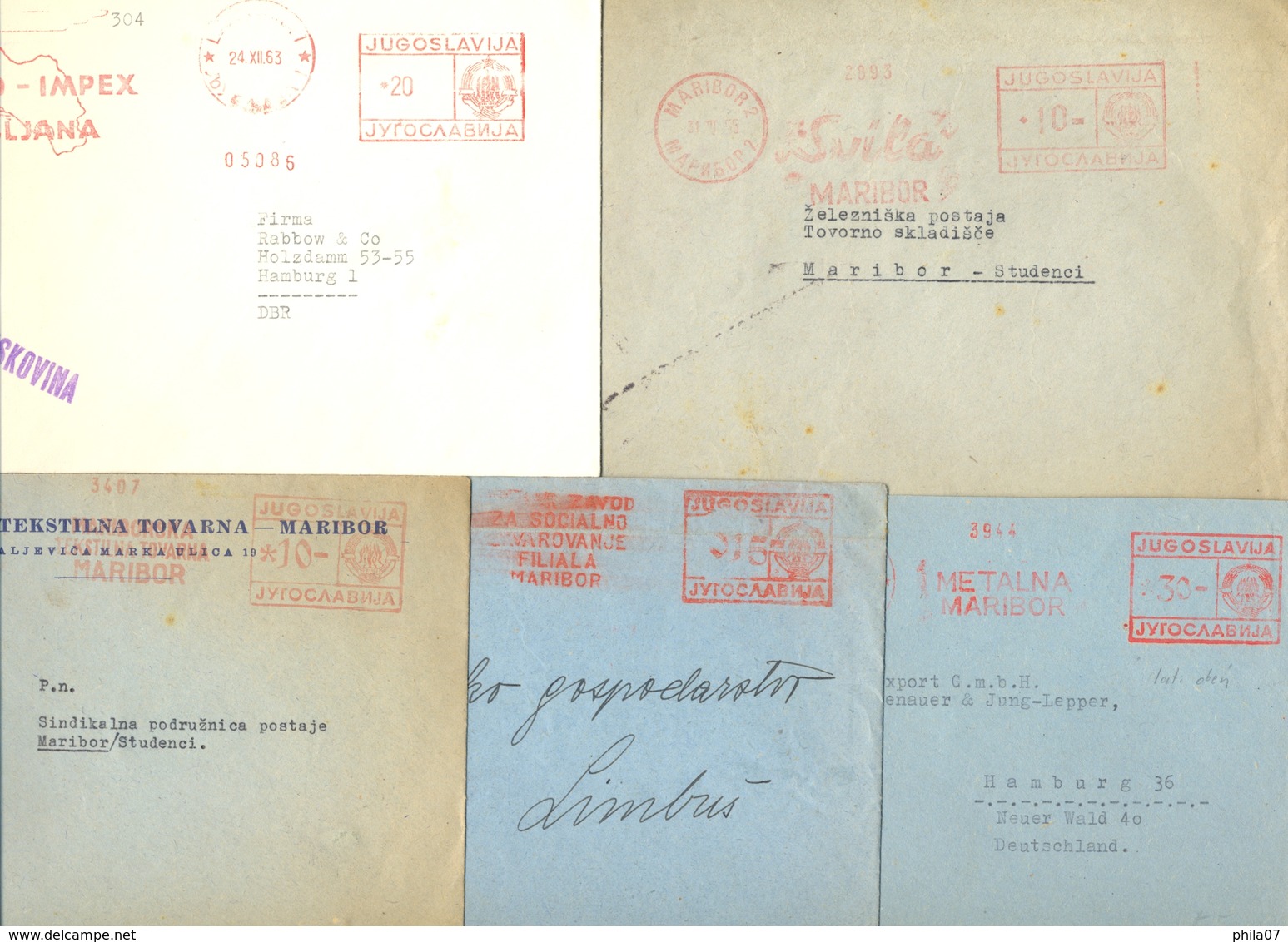 Slovenia, Yugoslavia - 5 Envelopes All With Machine Cancels Of Various Firms From Maribor And Ljubljana. - Slovenia