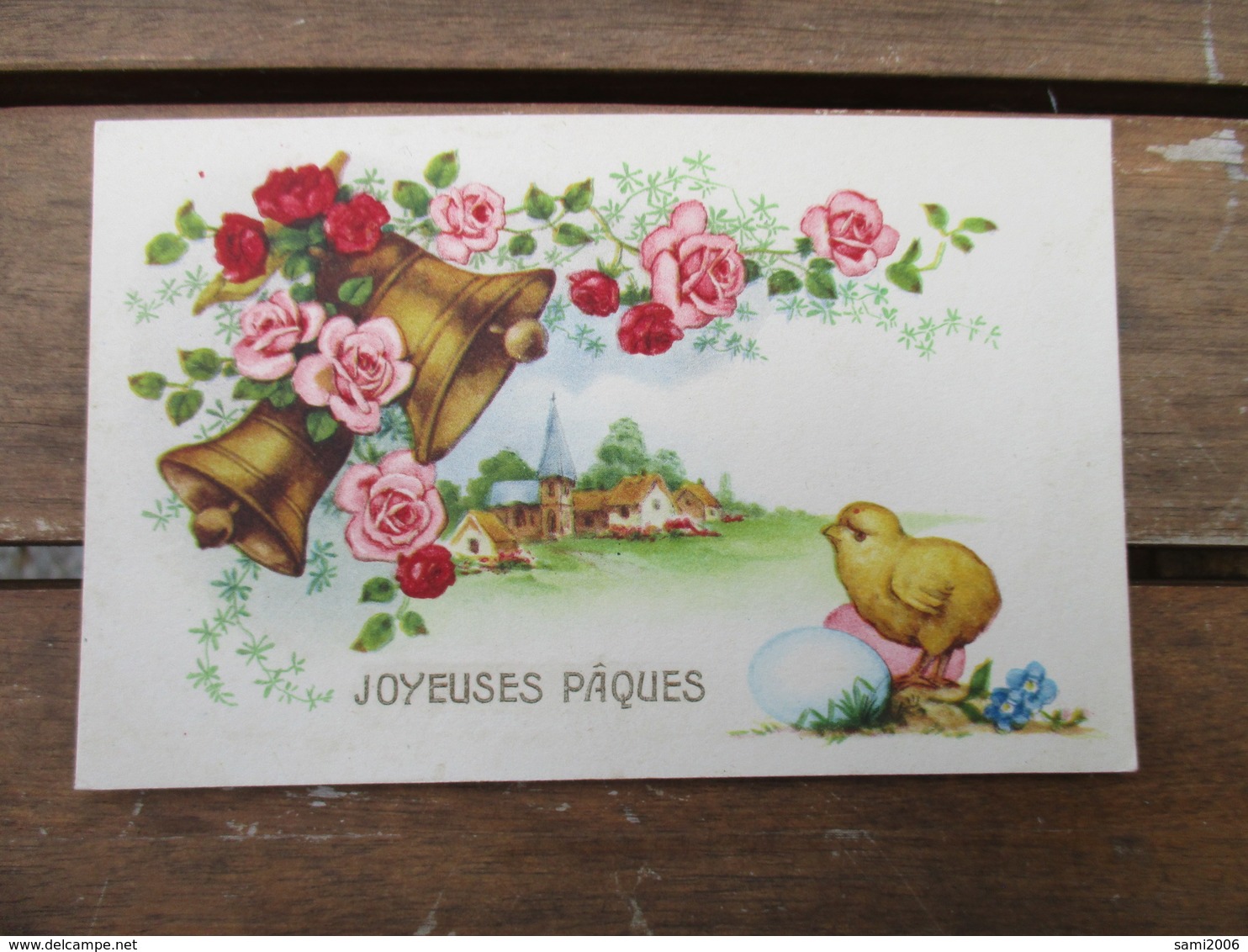 CPA FANTAISIE JOYEUSES PAQUES POUSSIN OEUFS CLOCHES FLEURS ROSES - Pâques