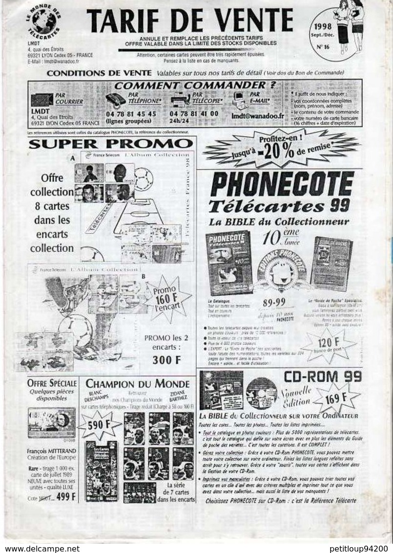 TARIFS DE VENTE TELECARTES  Le Monde Des Télécartes  ANNEE 1998 - Kataloge & CDs