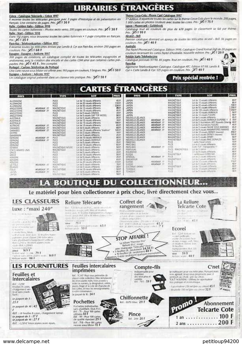 TARIFS DE VENTE TELECARTES  Le Monde Des Télécartes  ANNEE 1998 - Libros & Cds