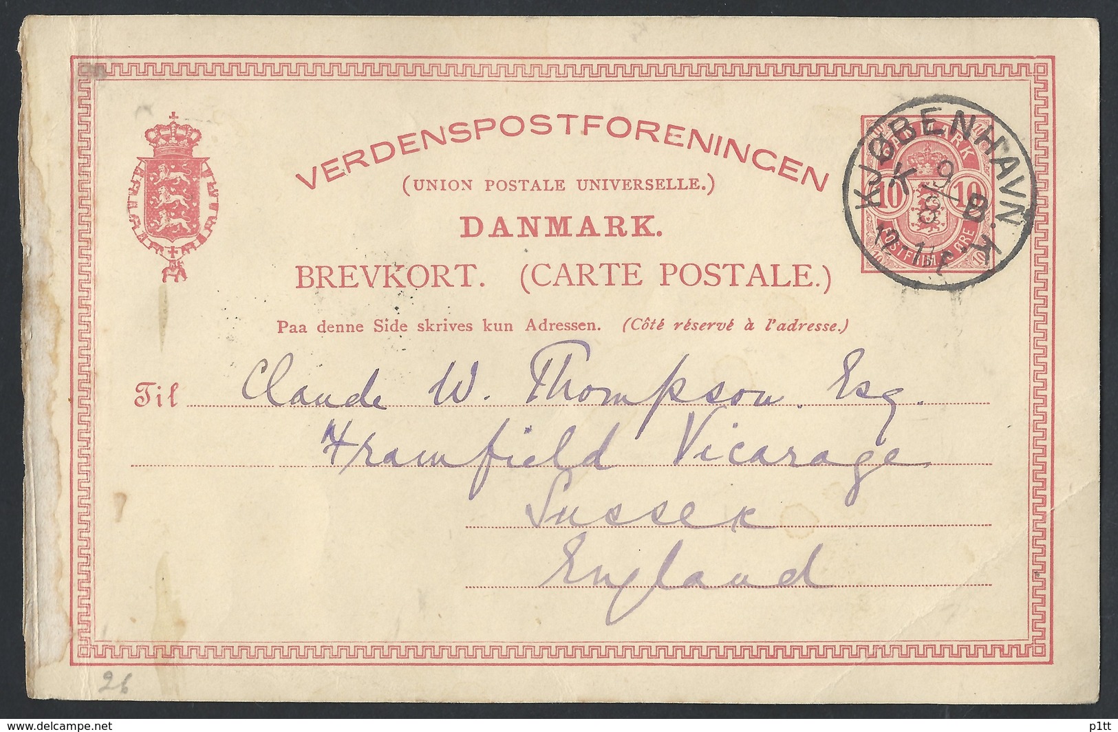 1dn.Postcard. Has The Mail Passed 1895-1905? Copenhagen (Denmark) Sussex (England). A Calendar Stamp Without A Year. - Storia Postale