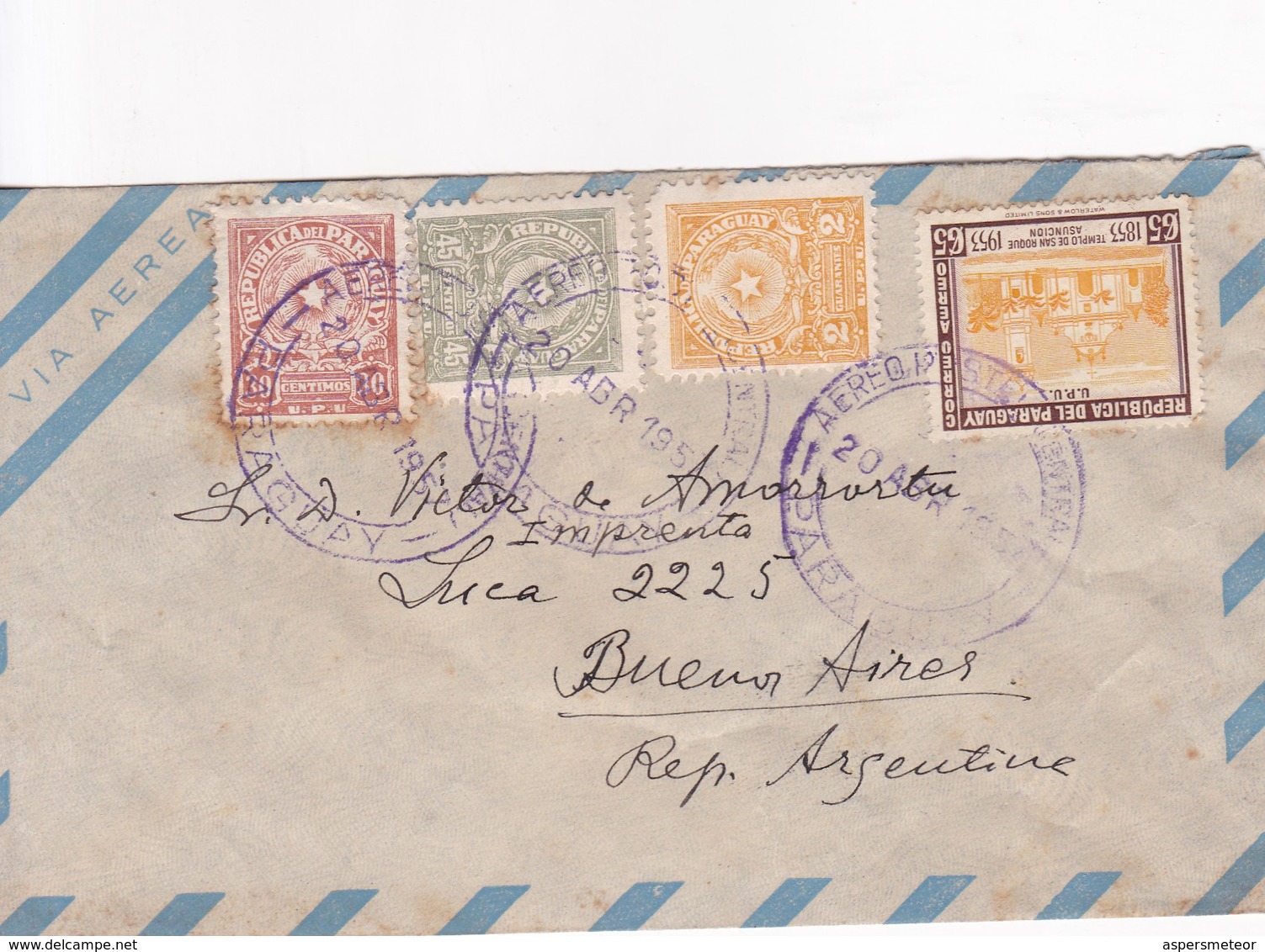 SOBRE ENVELOPE AIRMAIL CIRCULEE PARAGUAY TO BUENOS AIRES 1957- BLEUP - Paraguay