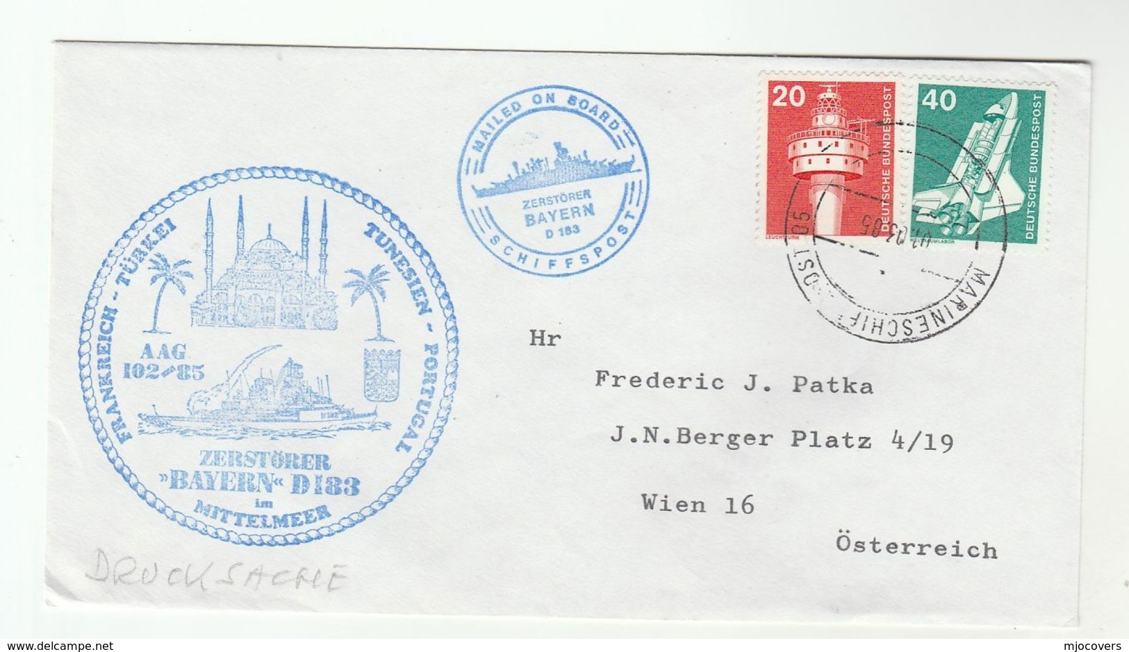 1985 'MAILED ON BOARD ZERSTORER BAYERN' German NAVY SHIP Cover Turkey  Tunisia Portugal , Germany Stamps - Ships