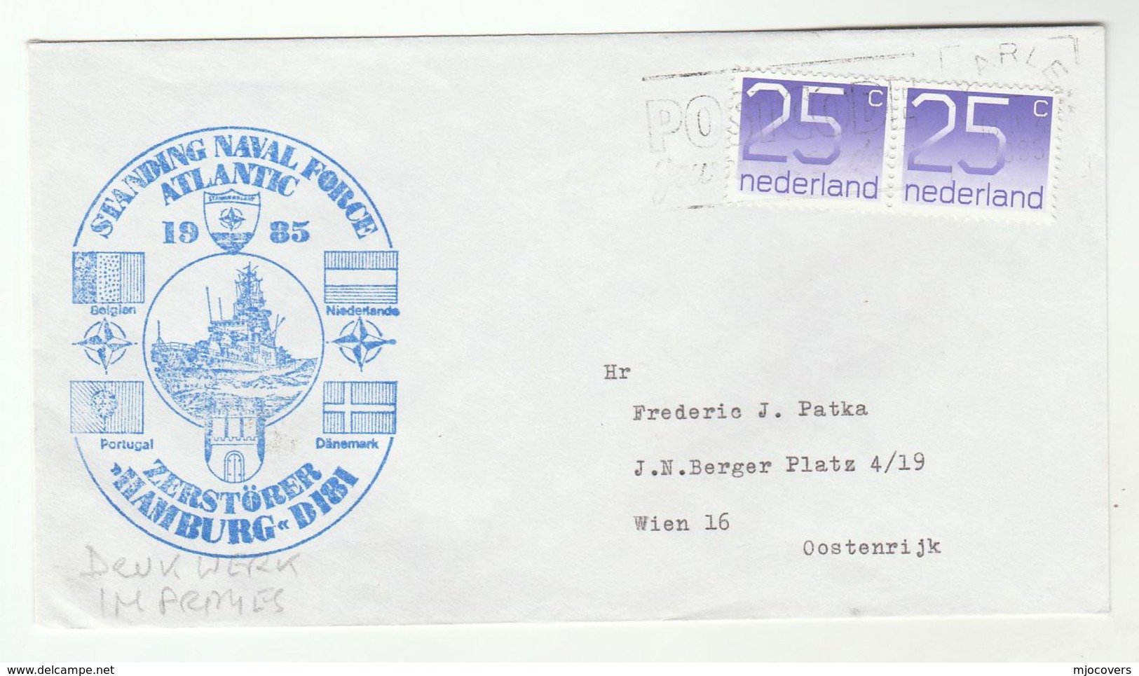 1985 NETHERLANDS  ZERSTORER HAMBURG German NAVY SHIP Cover NATO Standing Naval Force Atlantic Germany - NAVO