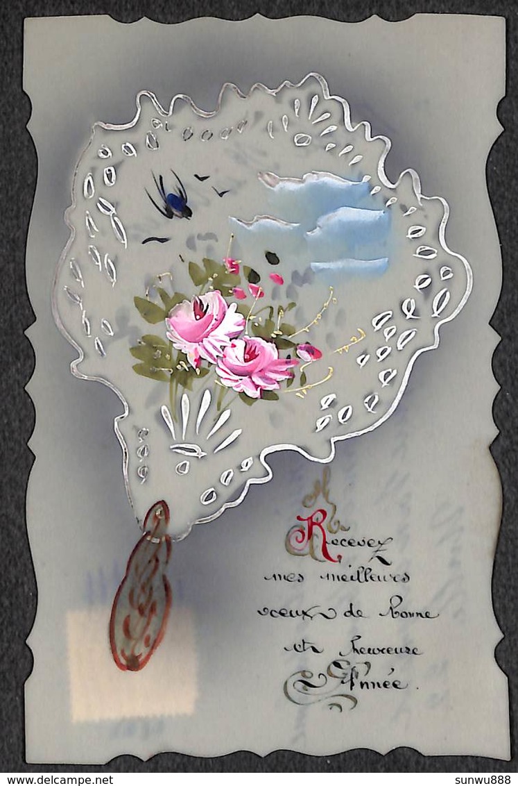 Jolie Carte Fantaisie Ancienne Celluloïd. Décor Miroir De Courtoisie/éventail, Fleurs, Peint à La Main - Autres & Non Classés