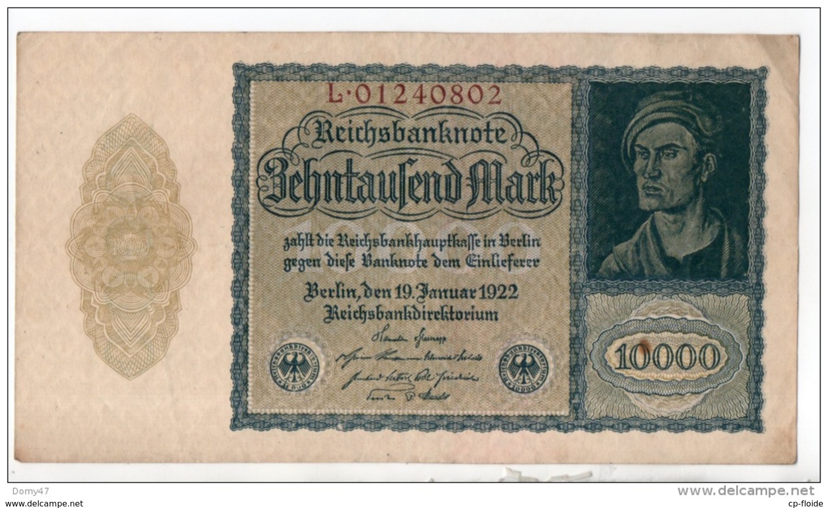 ALLEMAGNE . REICHSBANKNOTE . 10000 MARK . 1922 . N° L. 01240802 - Réf. N°315F - - 10.000 Mark