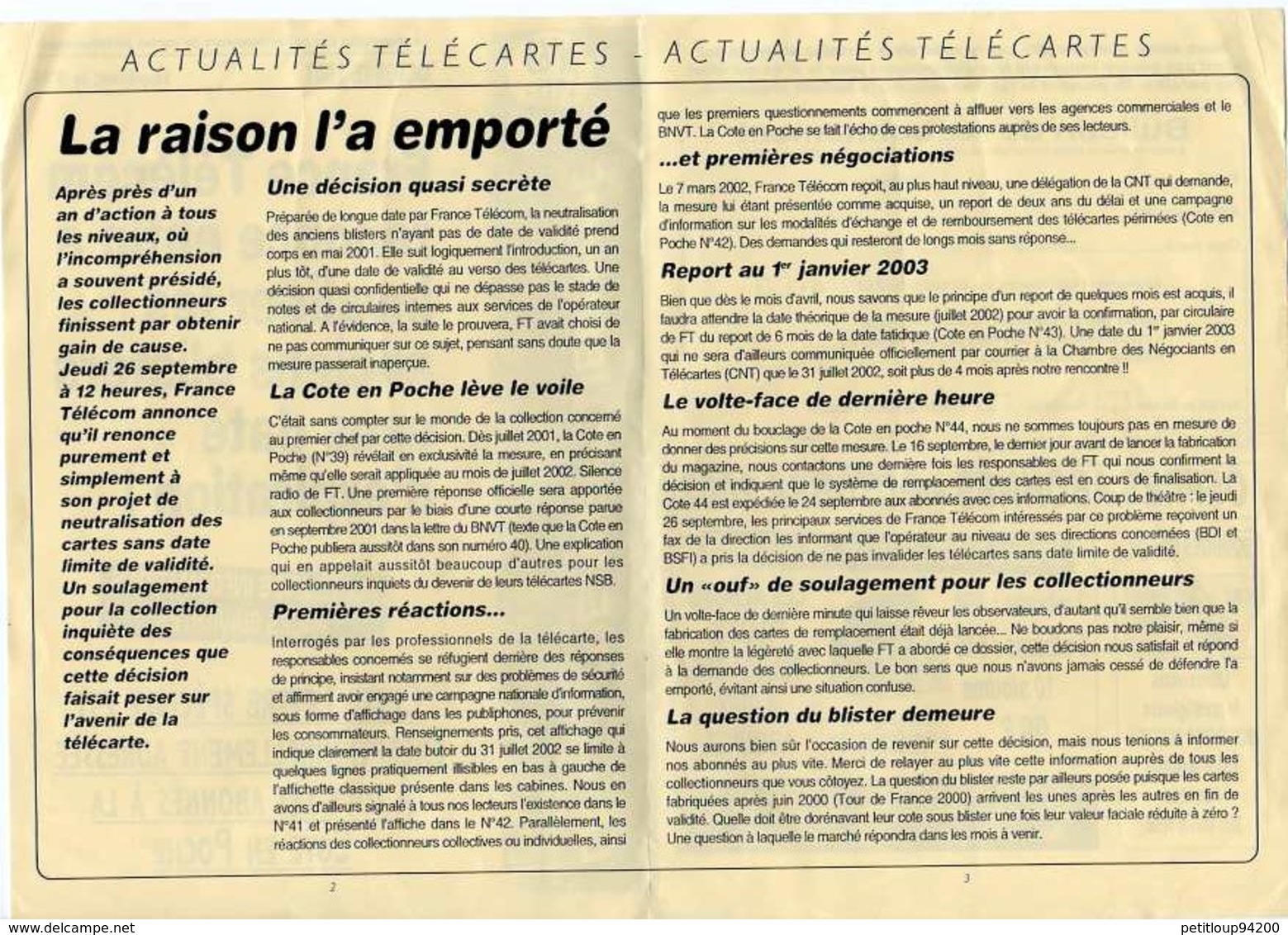 * BULLETIN FRANCE TELECOM  Historique De La Télécarte  * LA COTE EN POCHE Actualités Télécartes ANNEES 1994 & 2002 - Boeken & CD's