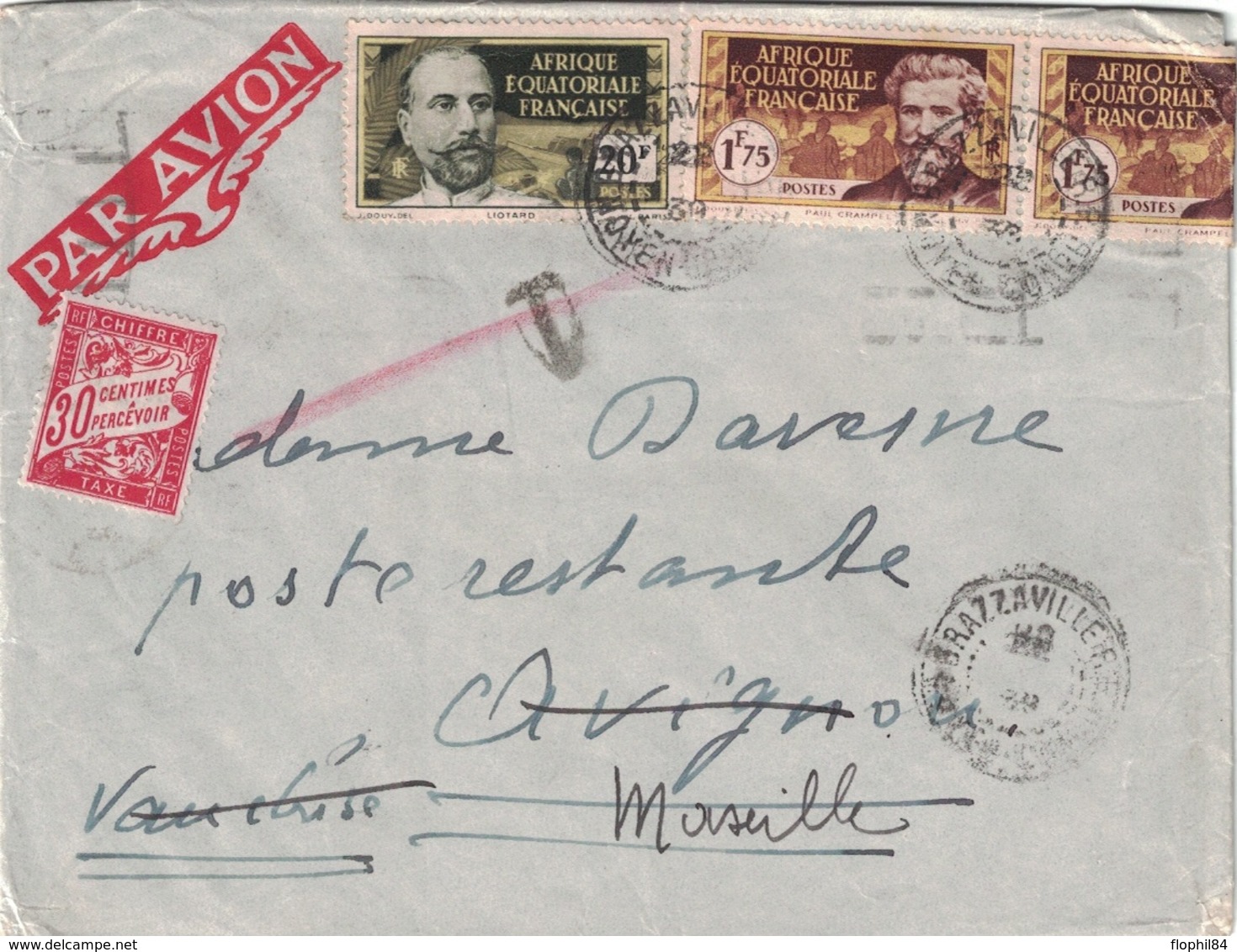 CONGO - BRAZZAVILLE - MOYEN-CONGO - AVEC TAXE FRANCE DE POSTE RESTANTE - LE 27-4-1938 - Covers & Documents