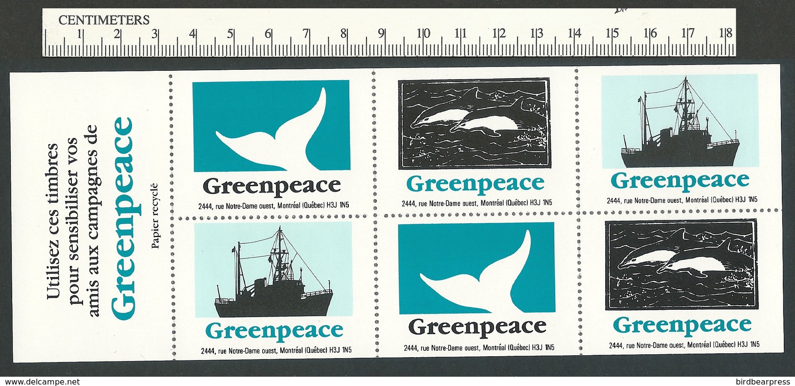 B52-13 CANADA Greenpeace Sheet 9 Montreal 1991 MNH Boat Dolphins Whale - Werbemarken (Vignetten)