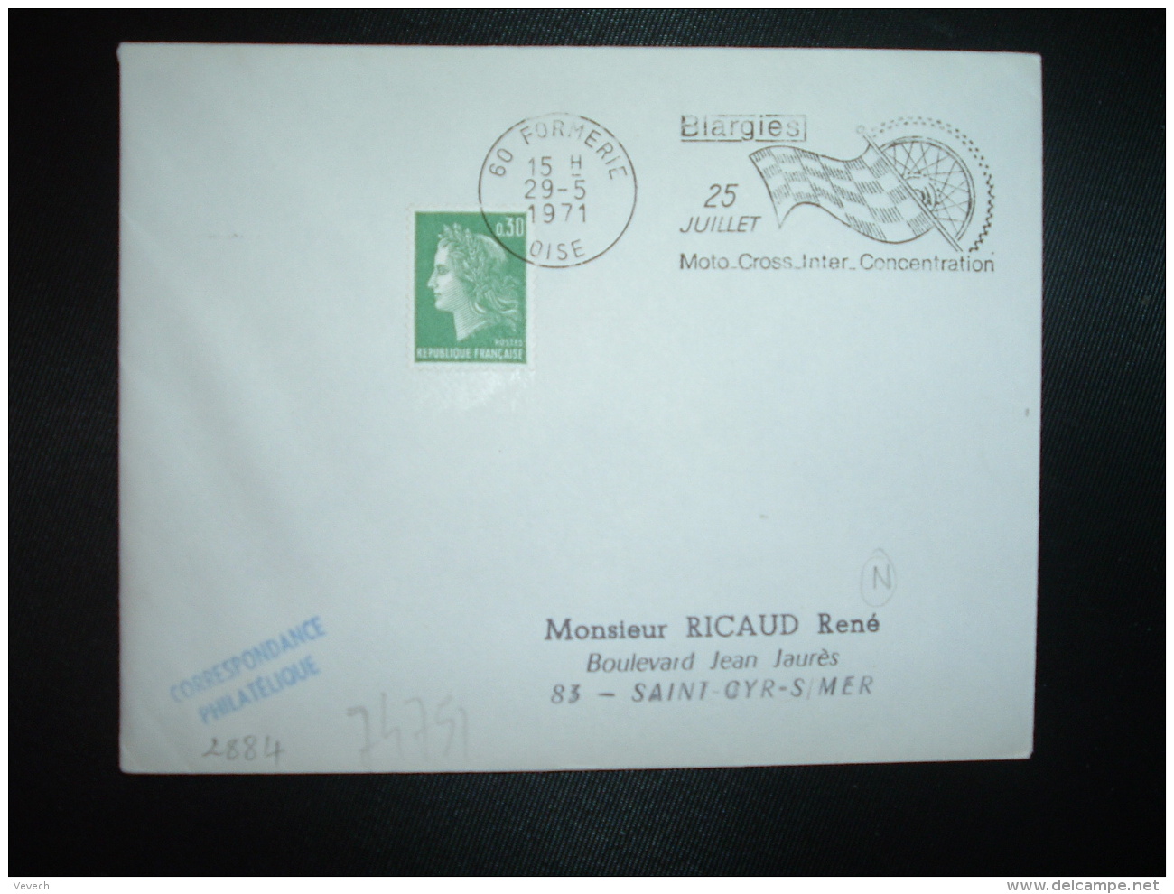 LETTRE TP M. DE CHEFFER 0,30 OBL.MEC.29-5 1971 60 FORMERIE OISE Blargies 25 JUILLET Moto Cross Inter Concentration - Motos