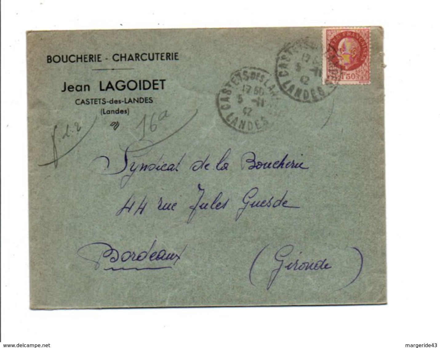 PETAIN SUR LETTRE A EN TETE DE CASTETS DES LANDES LANDES 1942 - 1921-1960: Période Moderne