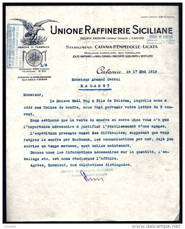 FACTURE OU LETTRE ANCIENNE  ETRANGERE DE  SICILE- 1919-  BELLE ILLUSTRATION- AIGLE - Autres & Non Classés