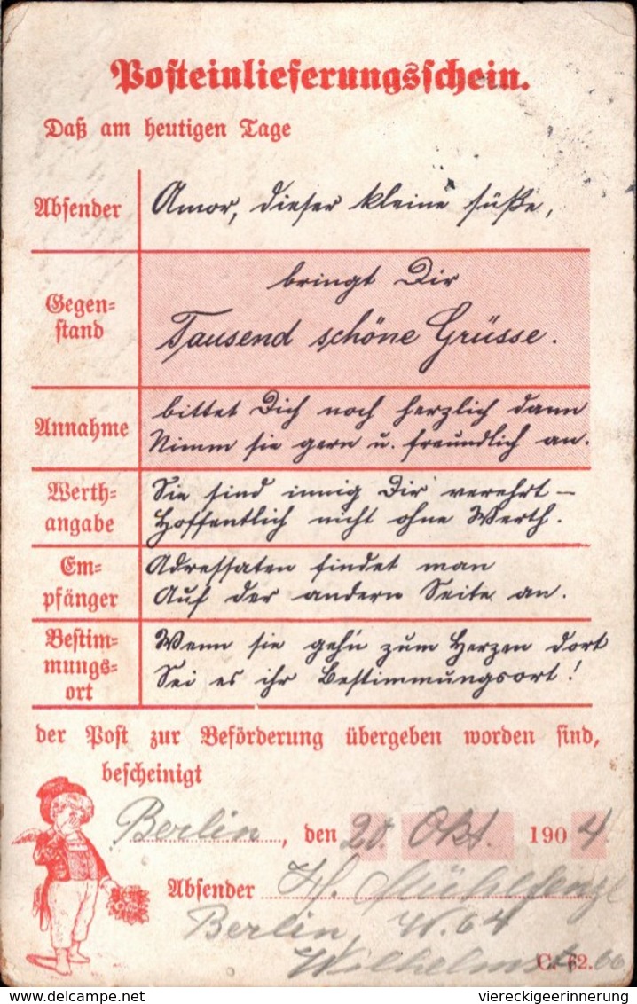 ! Alte Ansichtskarte Im Stil Eines Posteinlieferungsscheines, 1904, Amor - Poste & Postini