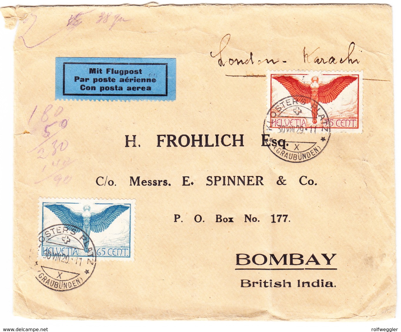 1929 Flugbrief Aus Klosters Nach Bombay, Bedarfsspuren - Autres & Non Classés