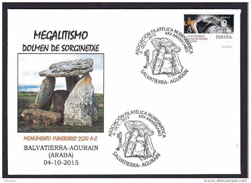 21.- SPAIN ESPAGNE 2015. SPECIAL POSTMARK. ARCHEOLOGY. MAGALITHIC BUILDING DOMEN OF AGURAIN. 2500 B.C - Archaeology
