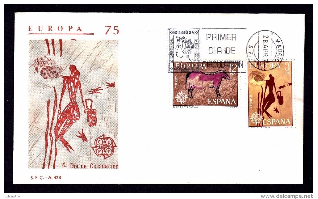 22.- SPAIN ESPAGNE 1975. FDC EUROPA. ART ROCK. TITO BUSTILLO CAVE AND SPIDER CAVE - Arqueología