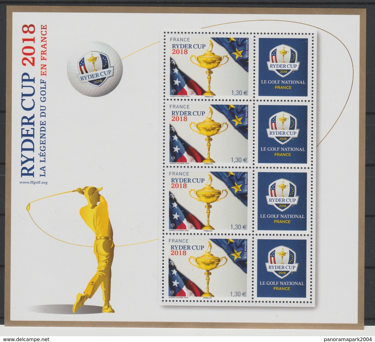 France 2018 - Mini-feuillet Bloc 4 Timbres Ryder Cup Golf LUXE MNH RARE ! Tirage 30 000 - Golf