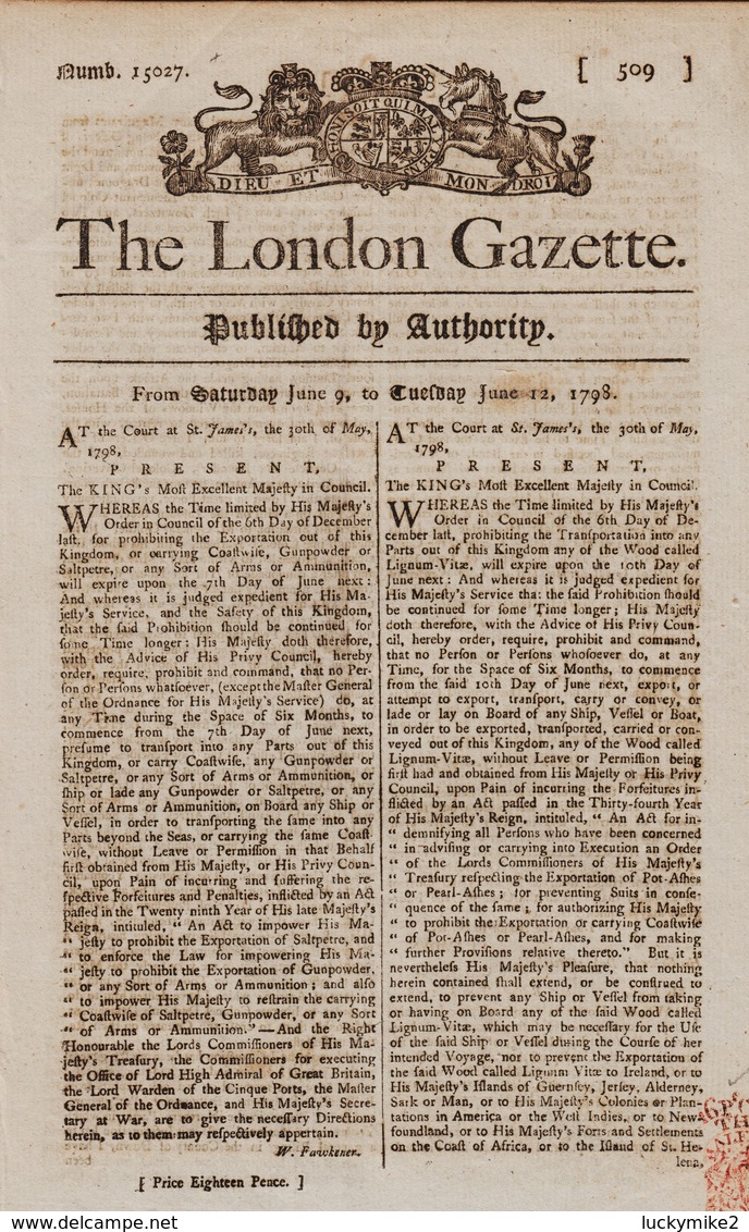 1798 London Gazette, Number 15027,  A 4 Sheet Newspaper (8 Sides) Originally Costing 18 Pence + Tax.  Ref 0579 - Historical Documents