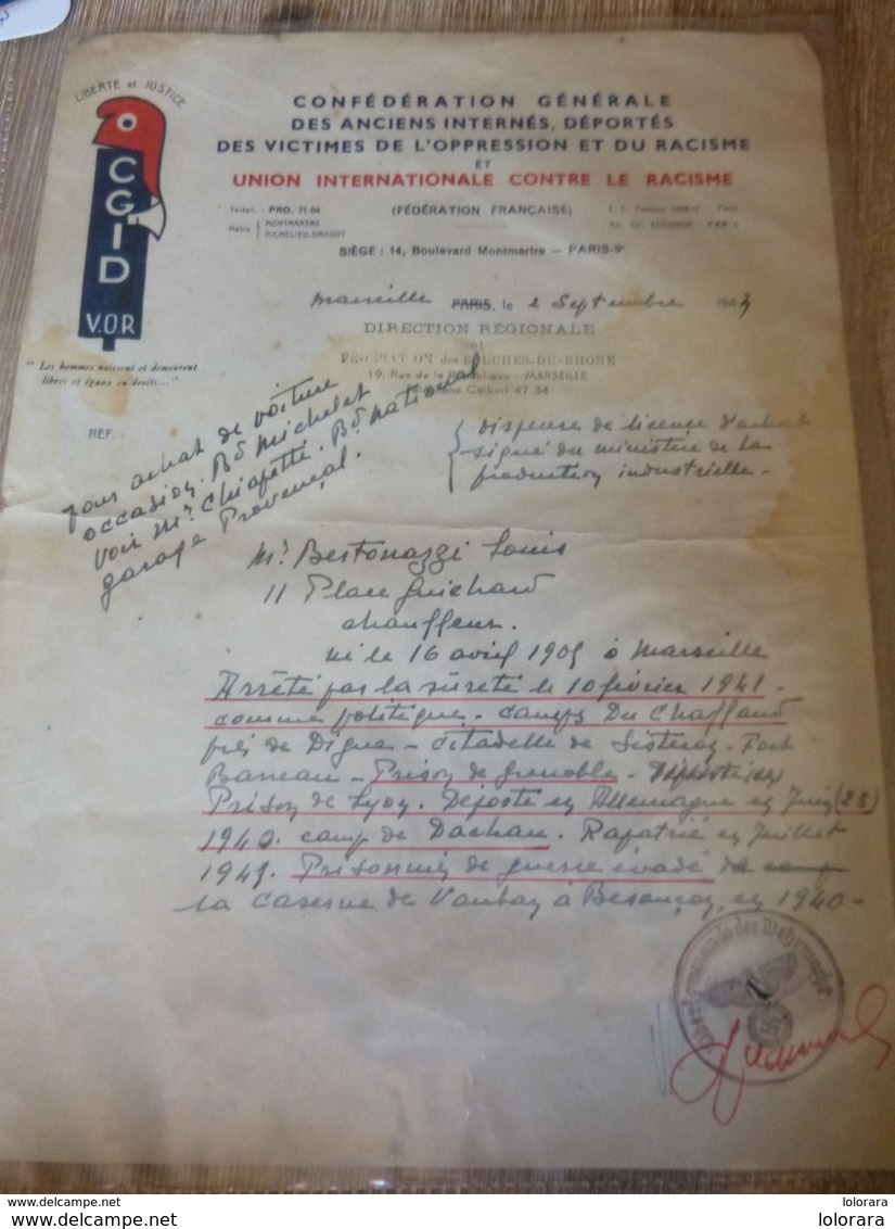 Lettre CGID Racisme Déporté Dachau 1940 Prisonnier Guerre évadé Besançon Commando Wehrmacht Tampon - Documents Historiques