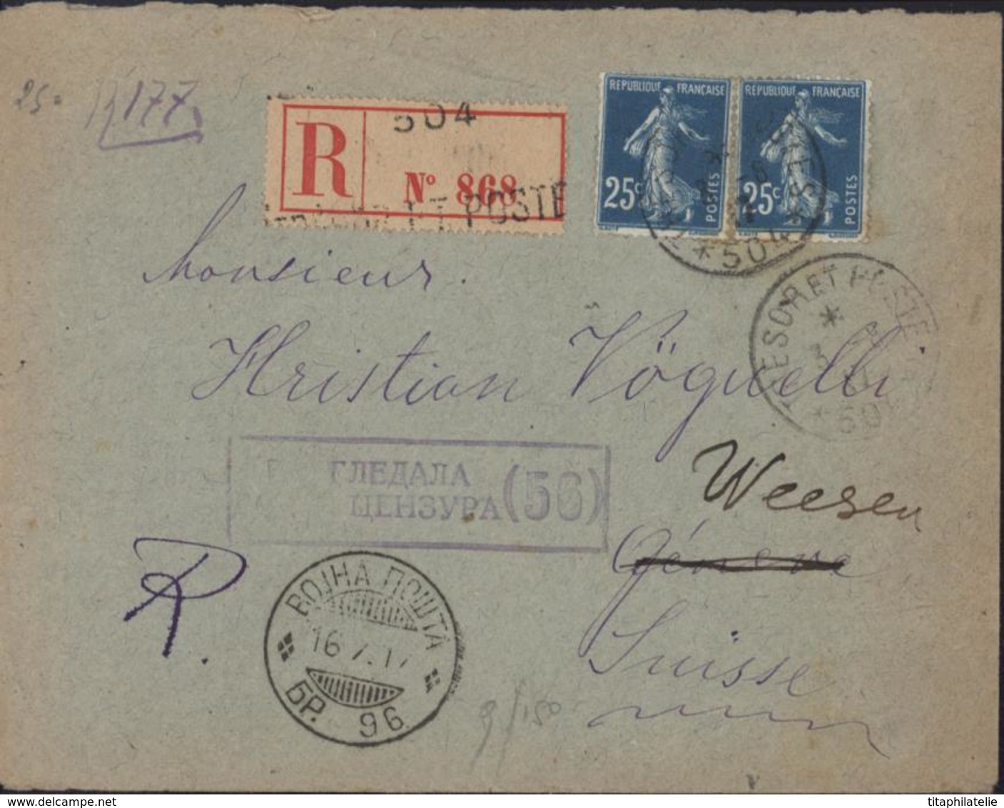 Guerre 14 18 Poste Serbie YT 140 X2 CAD Trésor Et Postes 504 3 8 17 Recommandée CAD Serbe SP96 16 7 17 Censure - Guerre De 1914-18