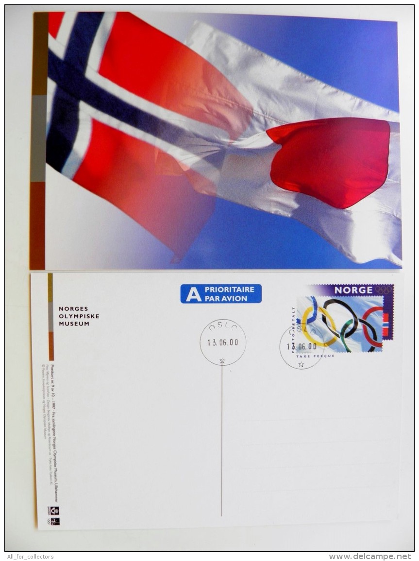 Card Carte Postal Stationery Norway Olympic Rings Taxe Percue Flags Japan - Maximumkarten (MC)