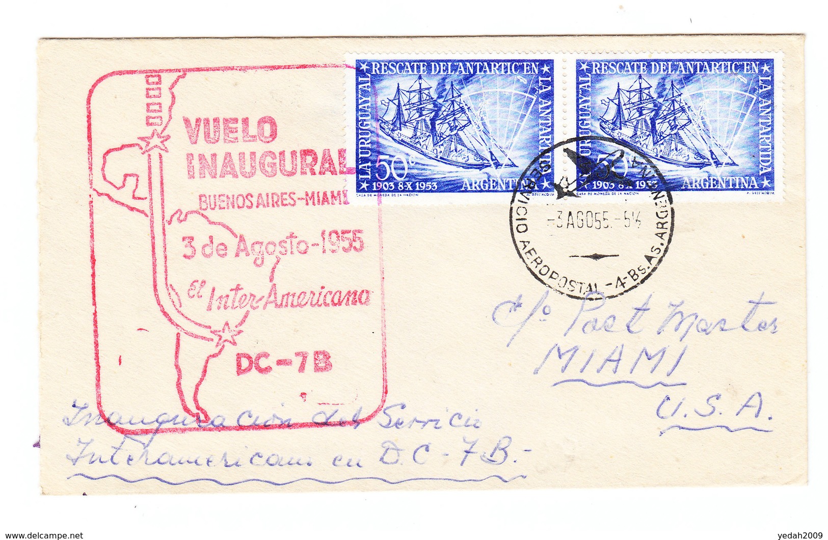 Argentina DC-7B BUENOS AIRES-MIAMI USA FIRST FLIGHT COVER 1955 - Luftpost