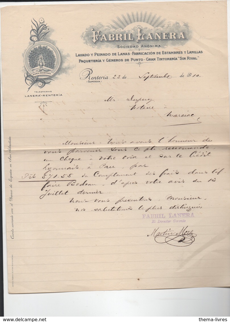 Renteria (Espagne) Lettre à Entête  1910 FABRIL LANERA  (PPP14539) - España