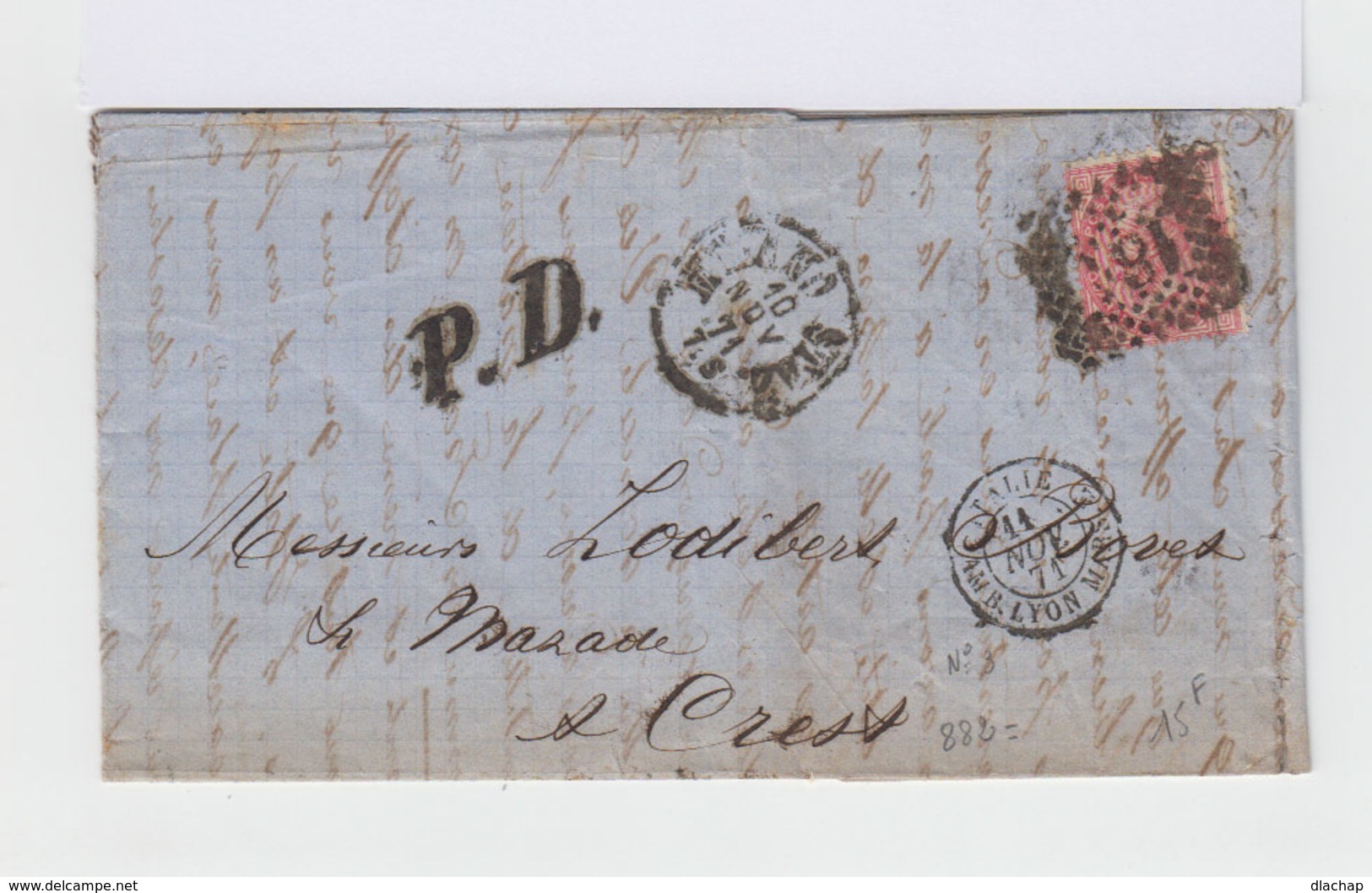 Sur Lettre Victor Emmanuel II 40 C. Rose  Oblitératiré Gros Chiffre 18 CAD Milano 1871. Cachet D'entrée Lyon.  (599) - Macchine Per Obliterare (EMA)