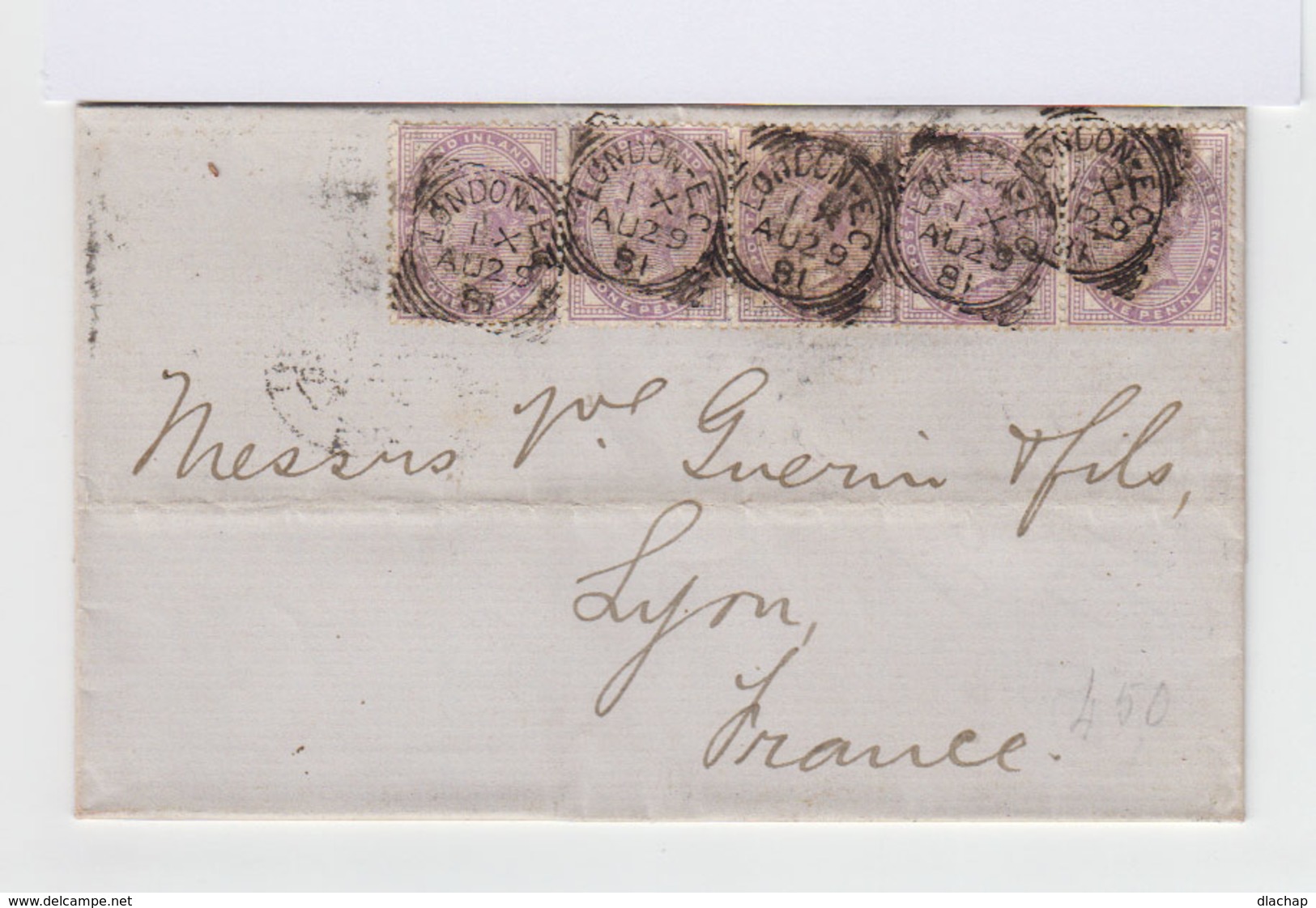 Sur Lettre 5 Exemplaires Du Type 1 Penny Violet 1881. 14 Perles. Oblitération London 1881. (601) - Marcophilie