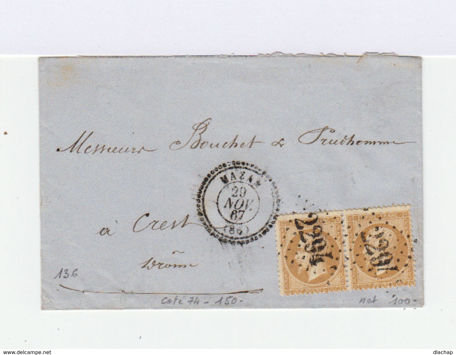 Sur Enveloppe Paire De Napoléon III 10 C. Bistres. Cachet à Date Cercle Pointillé Mazan. 1867. (604) - 1849-1876: Période Classique