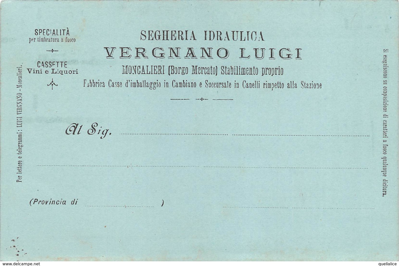 0258 "(TO) MONCALIERI-BORGO MEERCATO-SEGHERIA IDRAULICA VERGNANO LUIGI-SPECIALITA' TIMBRATURA A FUOCO" CART SPED 1903 - Shopkeepers