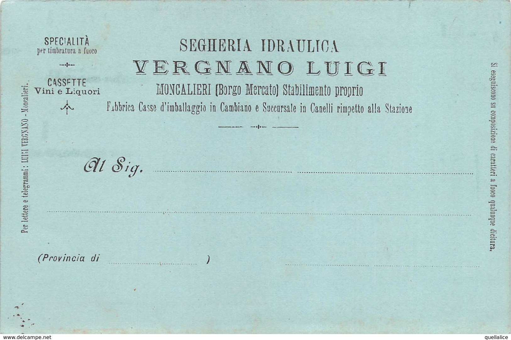 0258 "(TO) MONCALIERI-BORGO MEERCATO-SEGHERIA IDRAULICA VERGNANO LUIGI-SPECIALITA' TIMBRATURA A FUOCO" CART SPED 1903 - Marchands