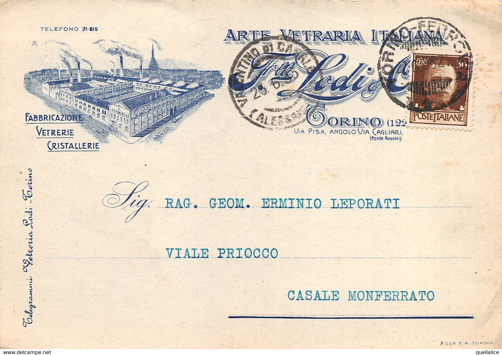 0259 "TORINO  - F.LLI LODI & C - ARTE VETRARIA ITALIANA" CART SPED 1935 - Händler