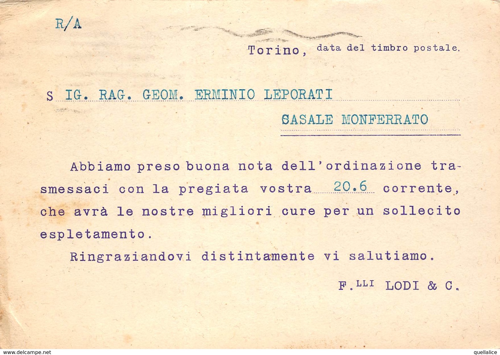 0259 "TORINO  - F.LLI LODI & C - ARTE VETRARIA ITALIANA" CART SPED 1935 - Mercanti