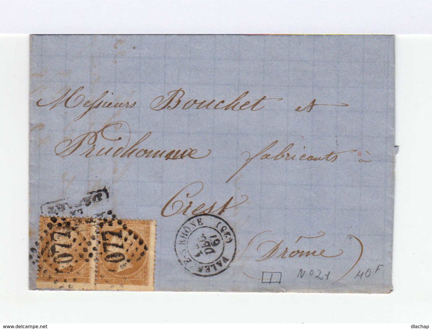 Sur Lettre Paire De Napoléon III 10 C. Bistres. Cachet à Date Valence Sur Rhône. 1867. (605) - 1849-1876: Période Classique