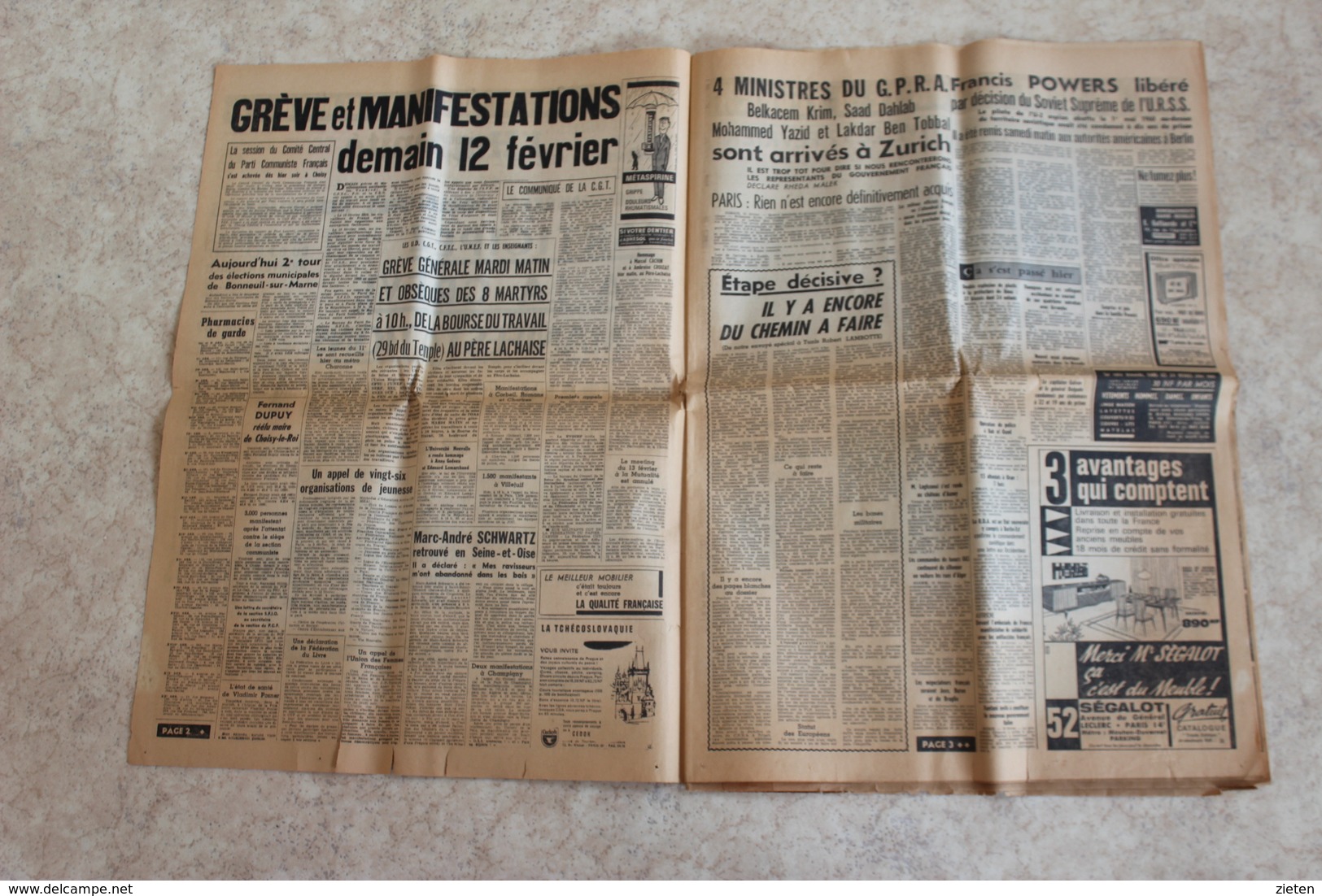 L'HUMANITE DIMANCHE 11 FEV 1962 Manifestation Du 12 Fevrier - 1950 - Heute