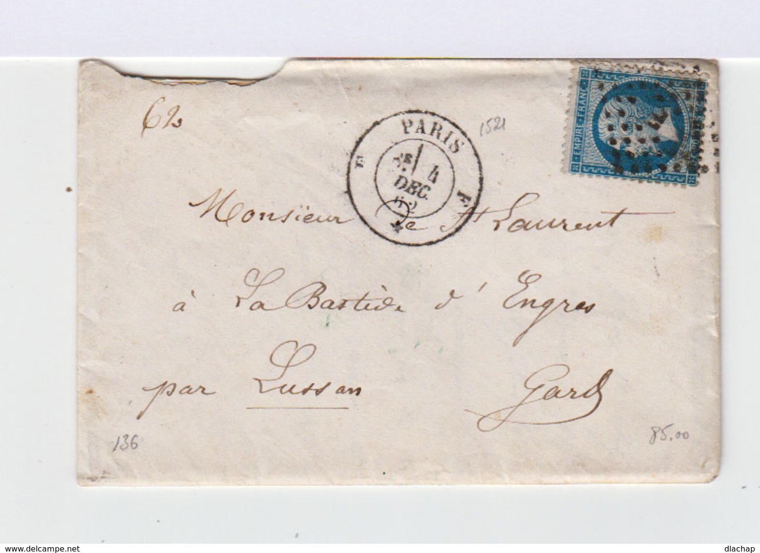 Sur Enveloppe Napoléon III 20 C. Bleu. Oblitération Losange Grands Chiffres. CAD Paris F 1862. (607) - 1849-1876: Période Classique