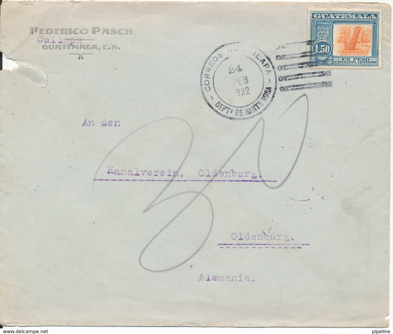 Guatemala (underpaid ??) Cover Sent To Germany 24-2-1922 Single Franked (cover Damaged In The Left Side) - Guatemala