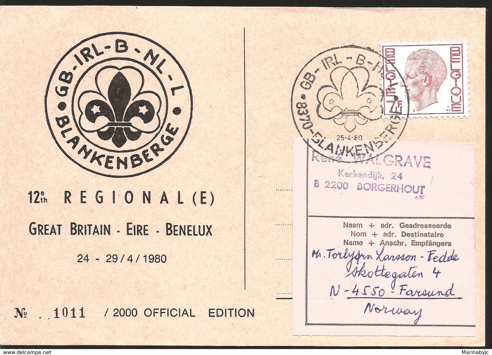 J) 2000 BELGIUM, 12TH REGIONAL GREAT BRITAIN, EIRE, BENELUX, CIRCULAR CANCELLATION, SCOUT EMBLEM, CIRCULATED COVER, FOM - Covers & Documents