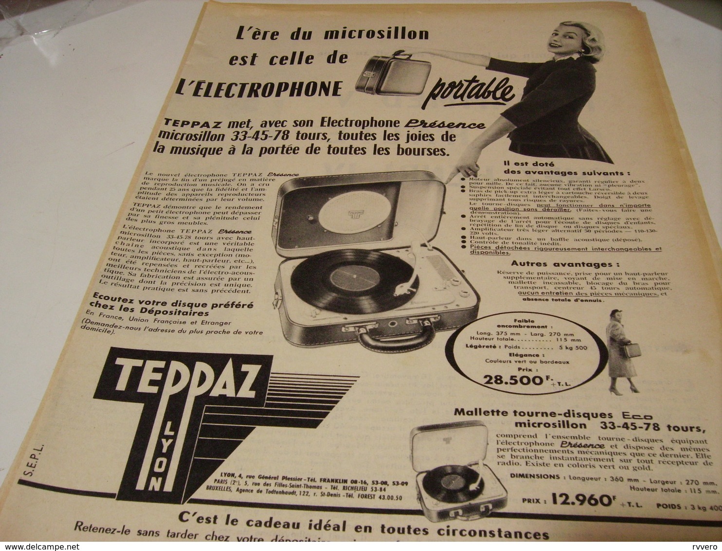 ANCIENNE PUBLICITE ELECTROPHONE PRESENCE DE TEPPAZ  1955 - Autres & Non Classés