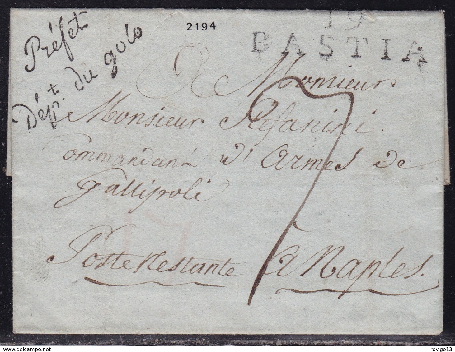 Corse, 19/Bastia (43x13) Sur LSC Non Datée - Marque Prefet/dept Du Golo Pour Poste Restante En Italie - 1801-1848: Précurseurs XIX