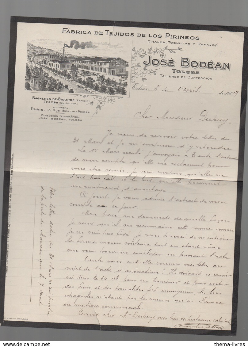 Tolosa (Espagne)  Lettre à Entête JOSE BODEAN Tojidos De Los Pirineos 1909 (entourage Noir )(PPP14543) - Espagne