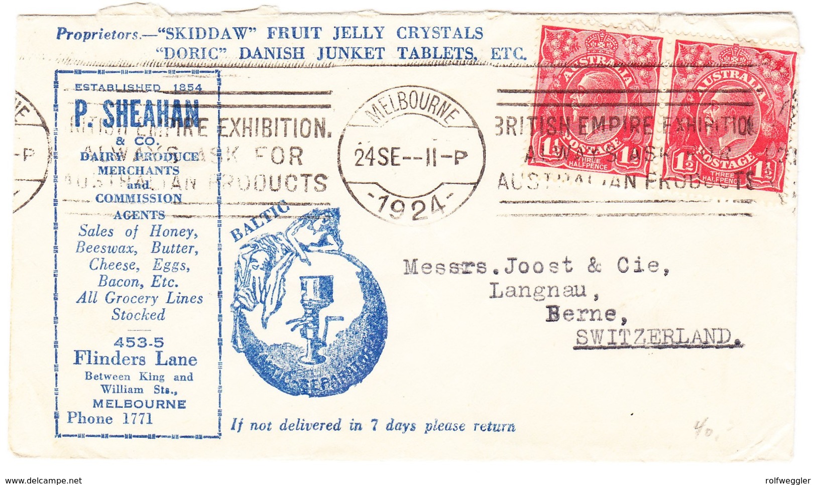 1924 Brief Aus Melbourne Nach Langnau, Lebensmittel Reklame, Brief Etwas Knitterig - Covers & Documents