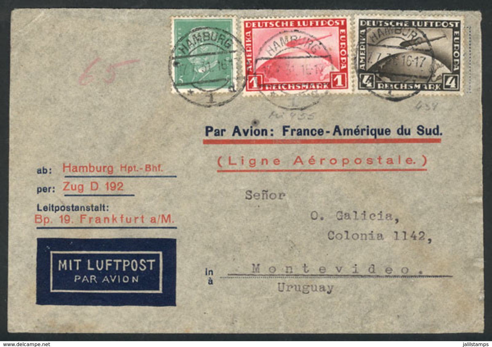 20 GERMANY: Airmail Cover Sent From Hamburg To Montevideo By Air France On 17/JUL/1 - Altri & Non Classificati