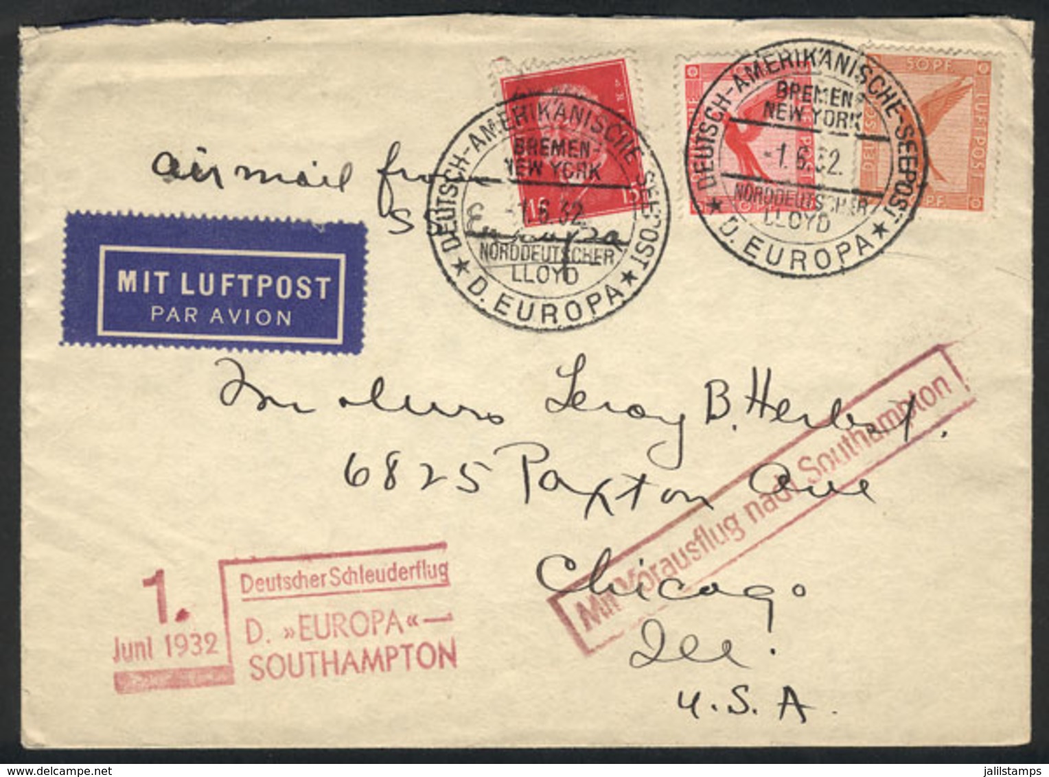 22 GERMANY: Catapult Flight From Ship ""Europa"", Cover Sent To USA On 1/JUN/1932, - Autres & Non Classés