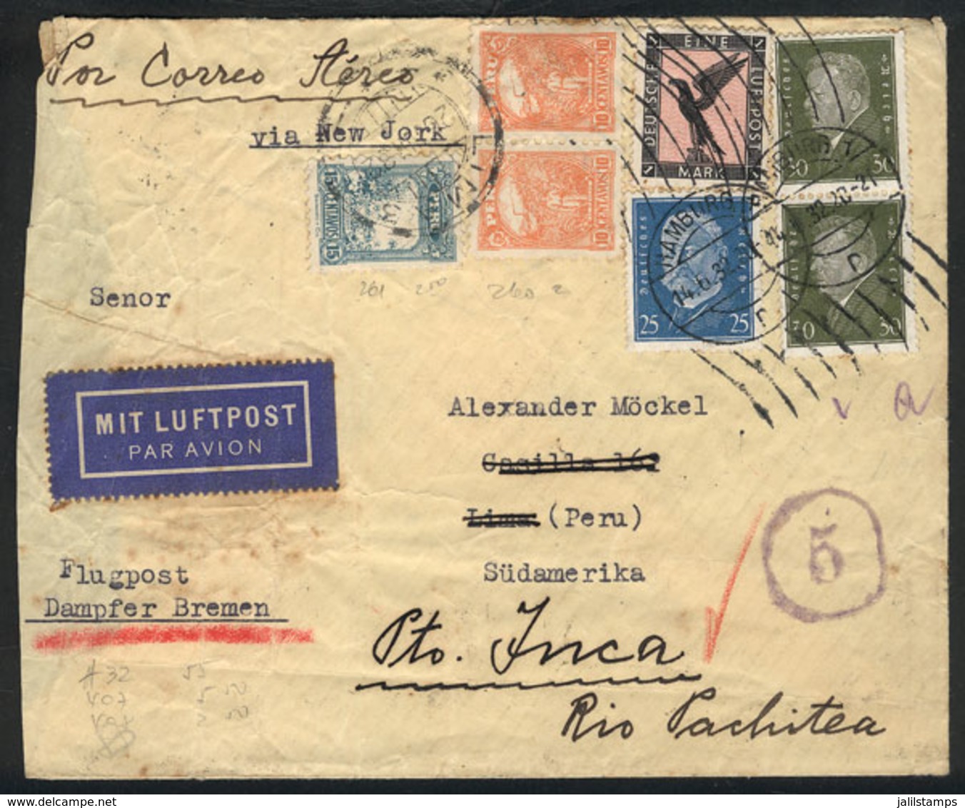 23 GERMANY: MIXED POSTAGE Germany - Peru: Cover Sent From Hamburg To Lima On 16/JUN - Altri & Non Classificati