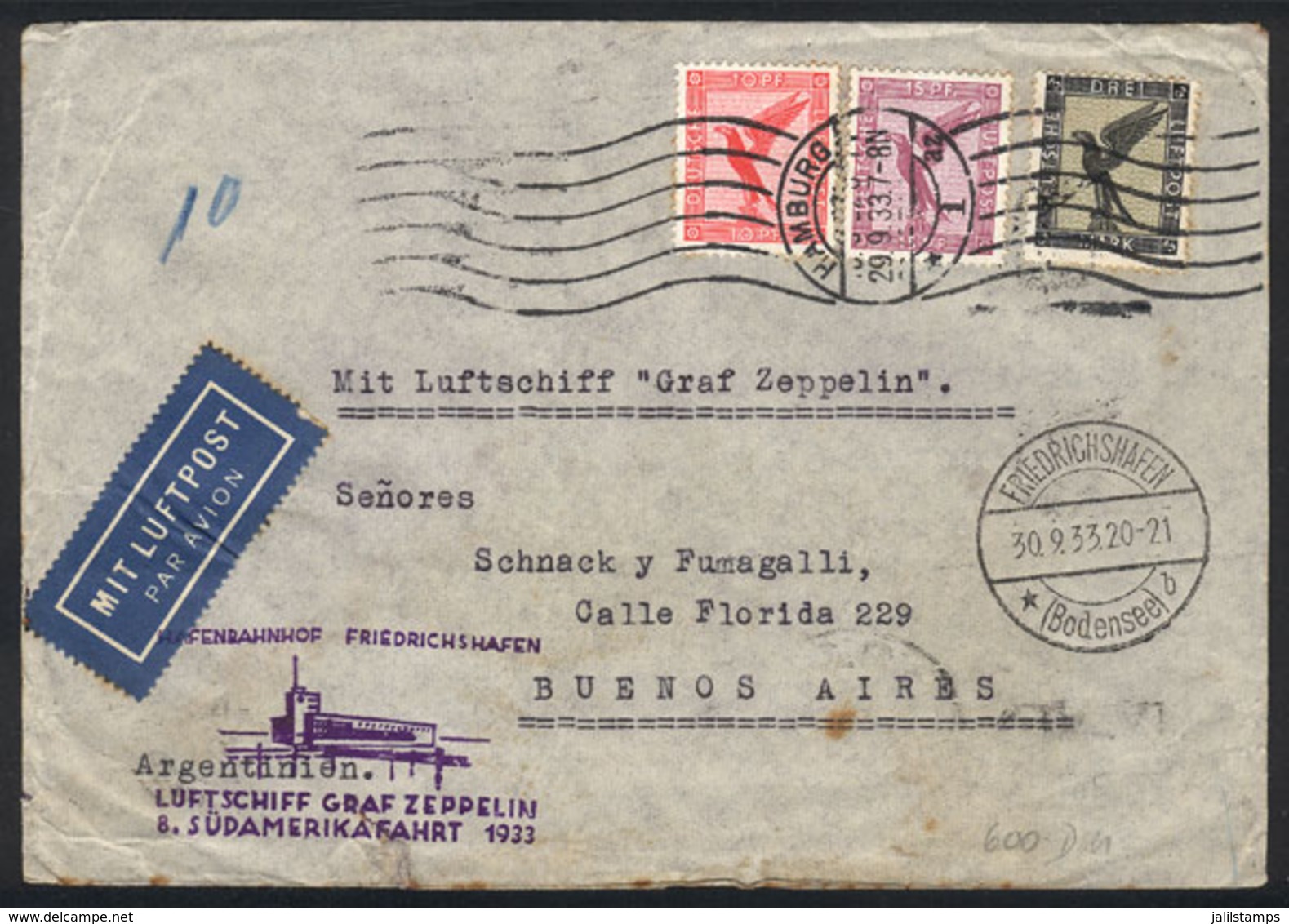 28 GERMANY: Cover Sent By Zeppelin From Hamburg To Buenos Aires On 29/SE/1933, Fran - Other & Unclassified