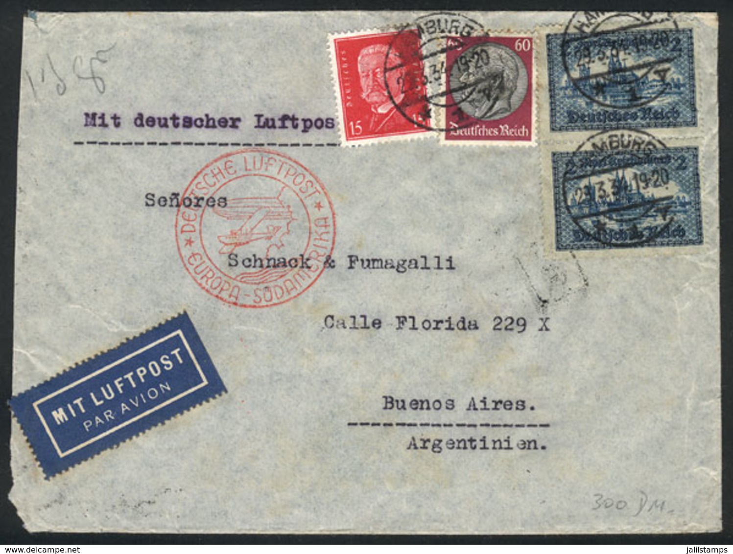 32 GERMANY: Airmail Cover Sent From Hamburg To Buenos Aires On 29/MR/1934 Franked W - Other & Unclassified