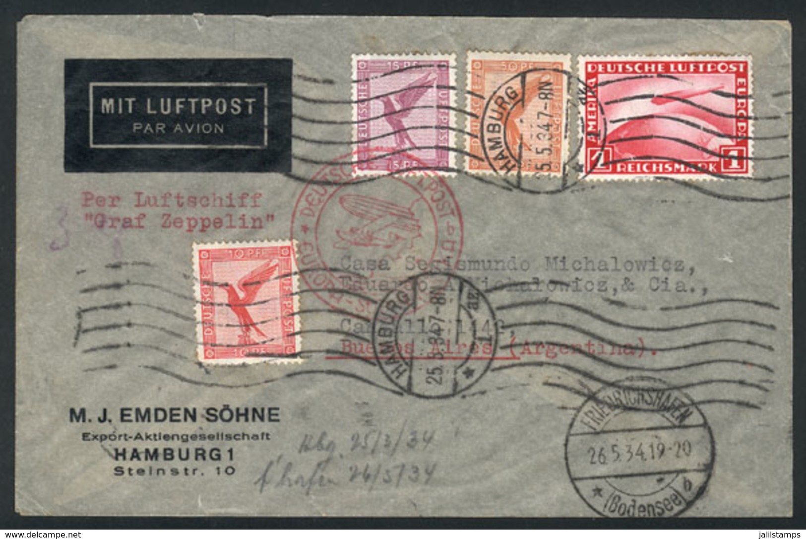 35 GERMANY: Cover Sent By ZEPPELIN From Hamburg To Buenos Aires On 25/MAY/1934, Fra - Altri & Non Classificati